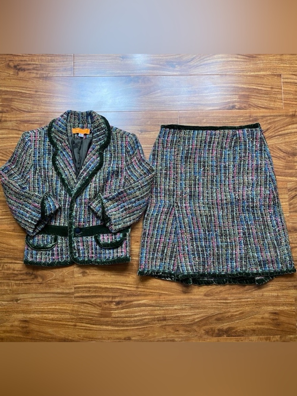Vintage Cynthia Steffe Olive Tweed A Line Skirt + Blazer Suit Size 6 Classic